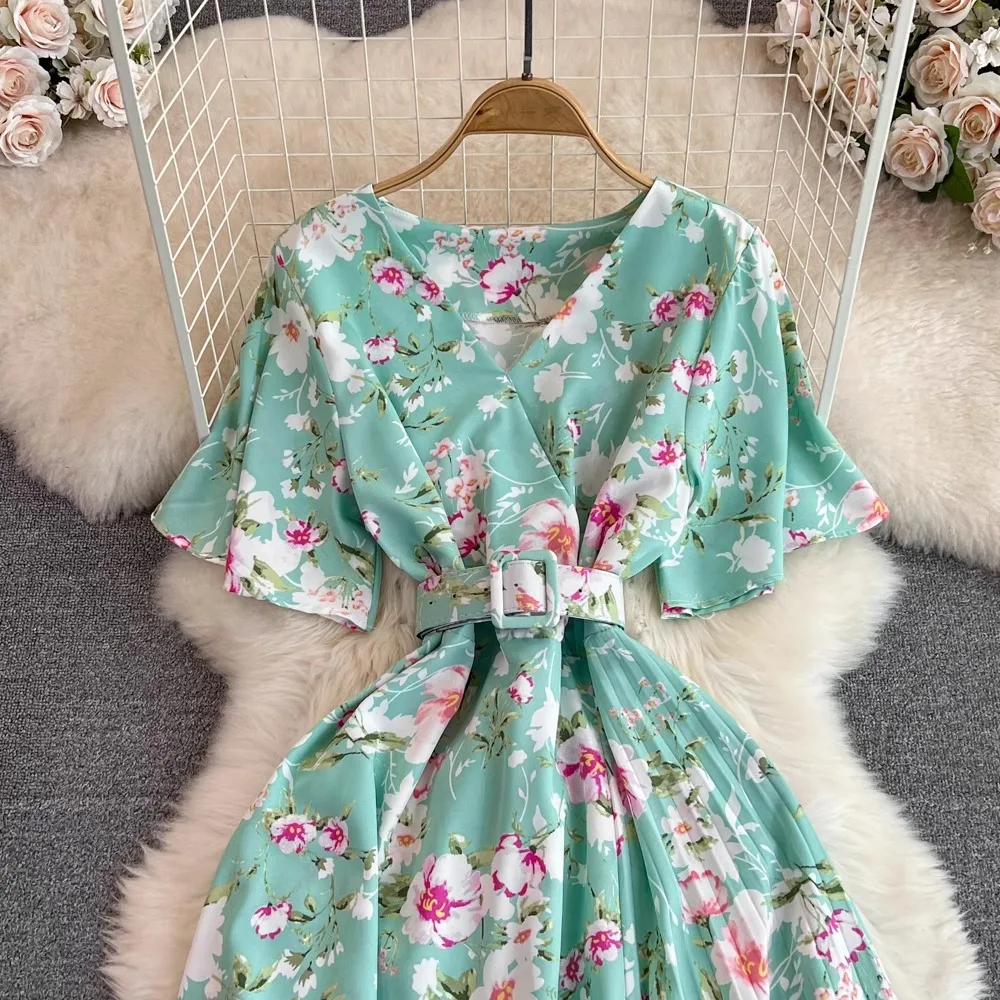 YuooMuoo Chic Fashion Floral Print Long Summer Dress 2024 New Arrival Elegant V-neck Party Dress with Belt Lady Outfits Vestidos