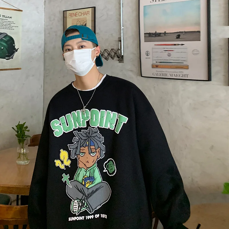 

Cartoon Print Sweatirt Casual round Ne Men's Spring Autumn Faionable Loose Fit Youthful Comfortable Soft Cotton Jaet