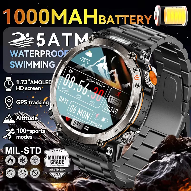 

Men Military Grade GPS smartwatch AMOLED HD Screen 1000mah Battery 5ATM Waterproof 170+sport Mode Heart Rate BT Call smart watch