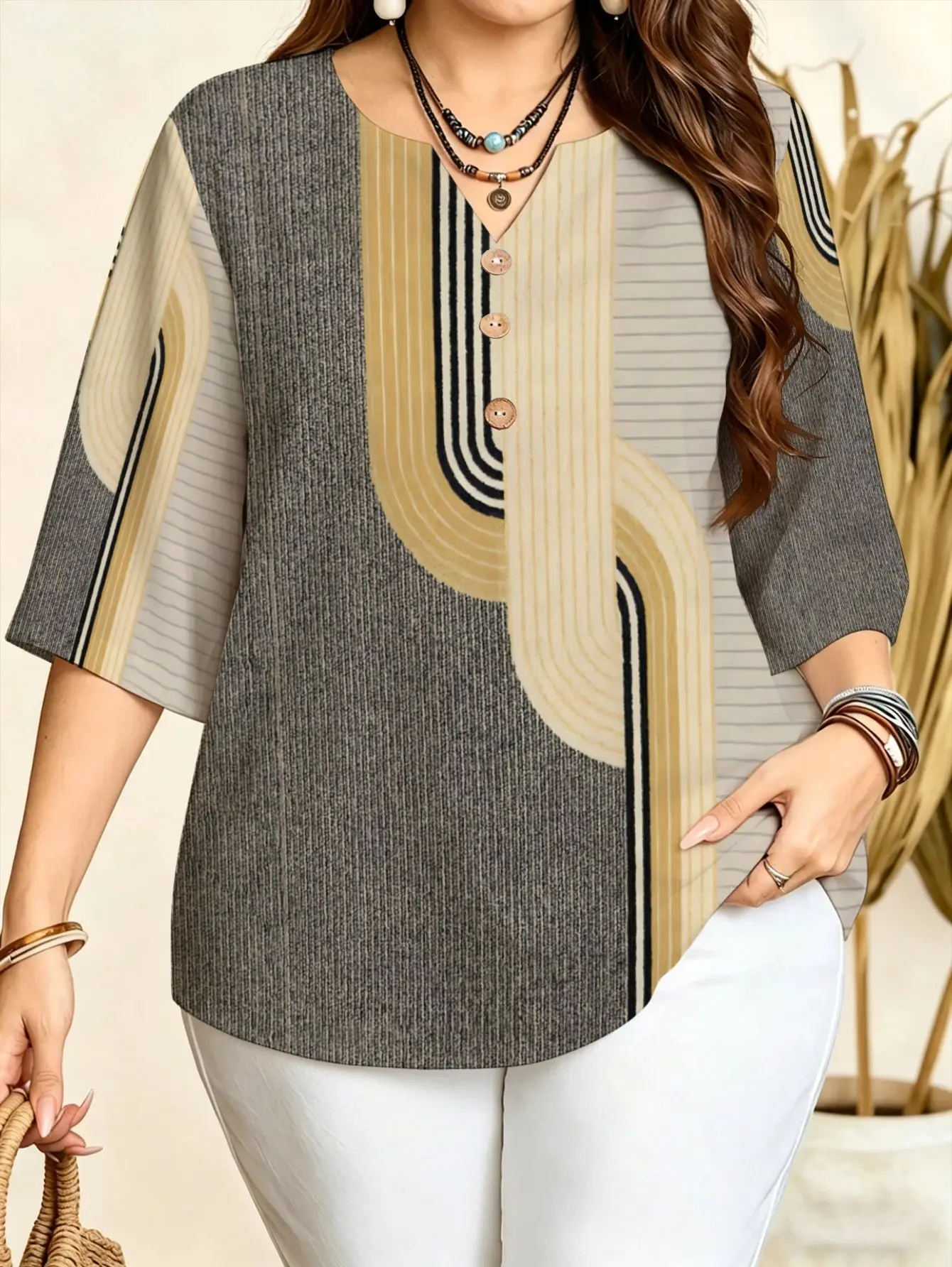 Geometric Plaid Curved Line Floral Texture 3D Print Women Blouse Notch V Neck Decor Button 3/4 Sleeve Office Daily Casual Tops