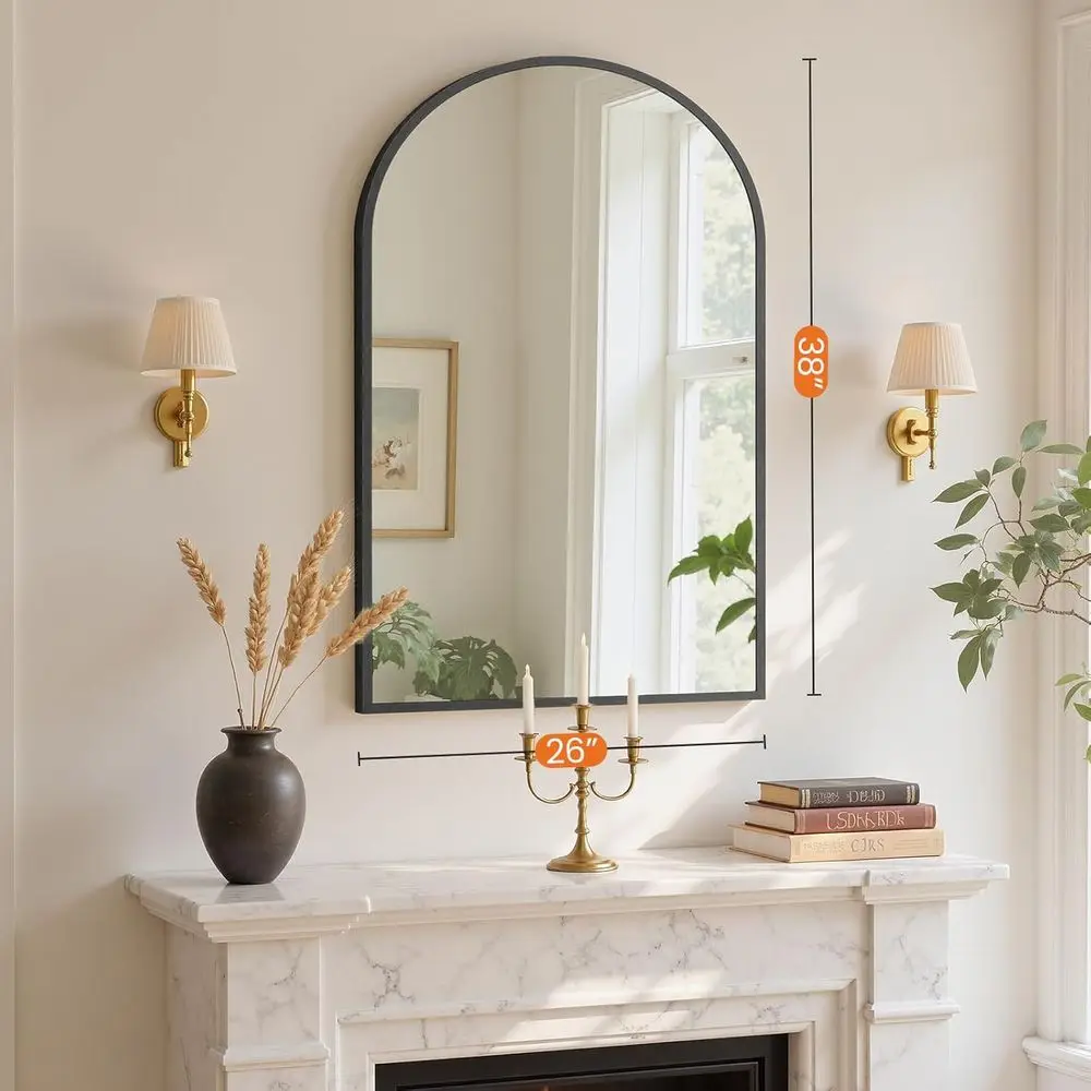 Large 26x38 Inch Arched Black Wall Mirror with Metal Frame for Bathroom, Vanity, Bedroom, Entryway, and Living Room