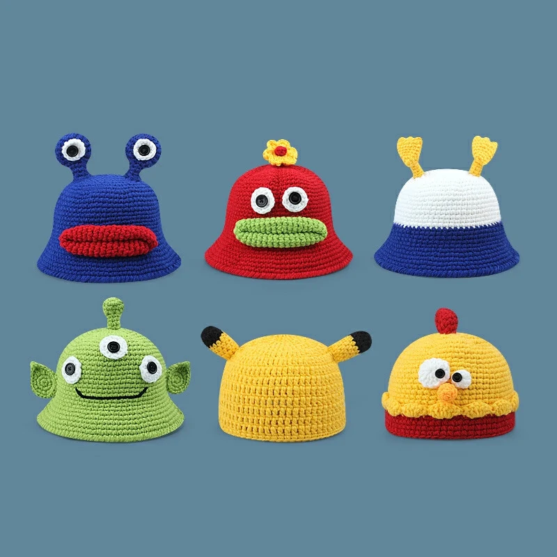 Funny Cartoon Hats For Women Handmade Knitted Basin Bucket Hats 2022 Autumn Winter Girls Boys Fisherman Caps Cute Halloween Hat