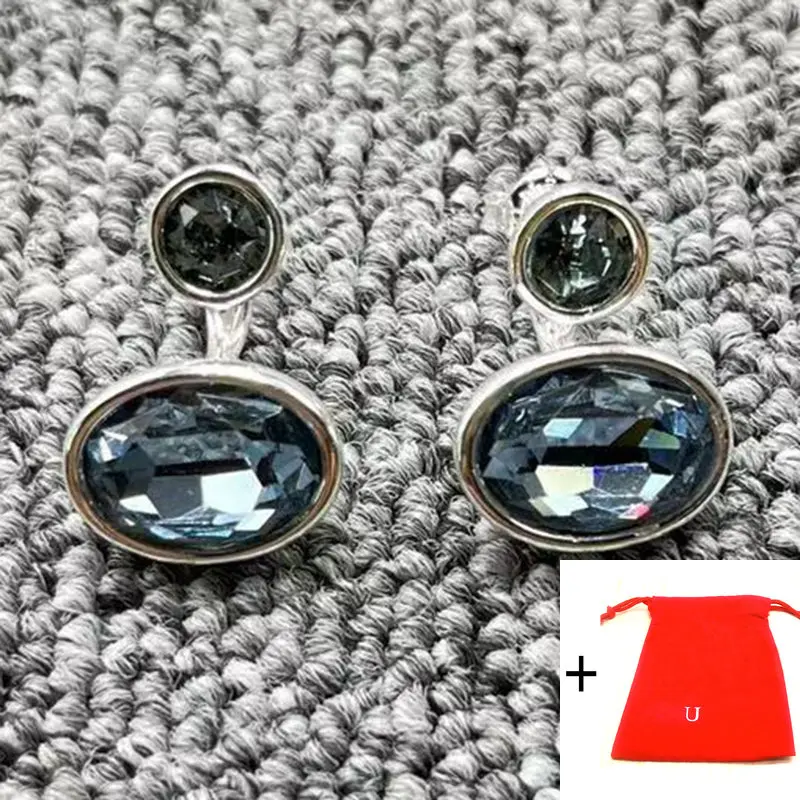 Spain Original Fashion Electroplated 925 Silver Round and Oval Blue Crystal Stud Earrings Festival Jewelry Gift