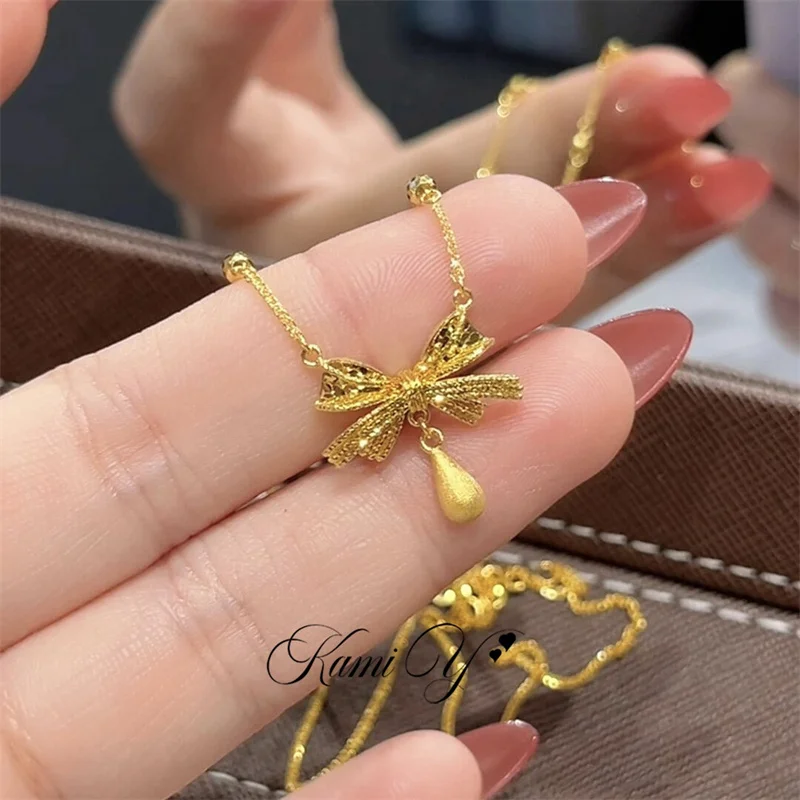 

AU750 Gold Bow Water Drop Pendant Necklace Women's 18K Gold Premium Design Exquisite Clavicle Chain Neck Chain Jewelry