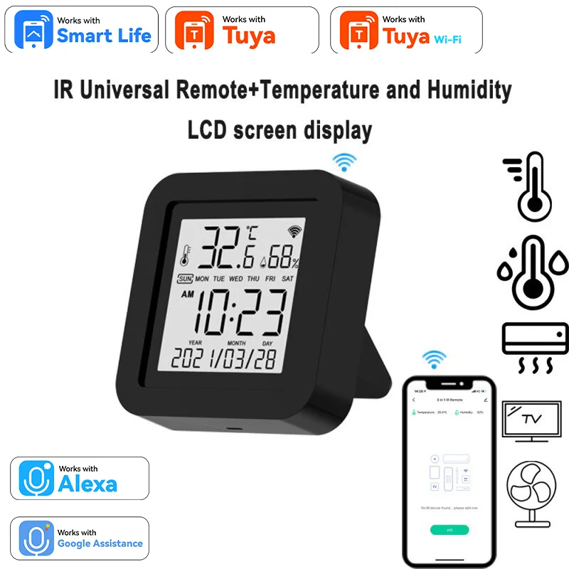 

Smart WiFi AC TV Universal IR Remote Controller with Temperature Humidity Sensor Display for Tuya Alexa/Google Voice Assistant