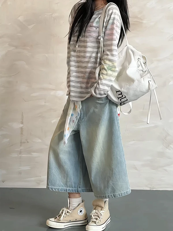 

American Washed Loose Straight Leg Jeans Women Summer New Vintage High Waist Wide Leg Pants Casual Cotton Blend Denim