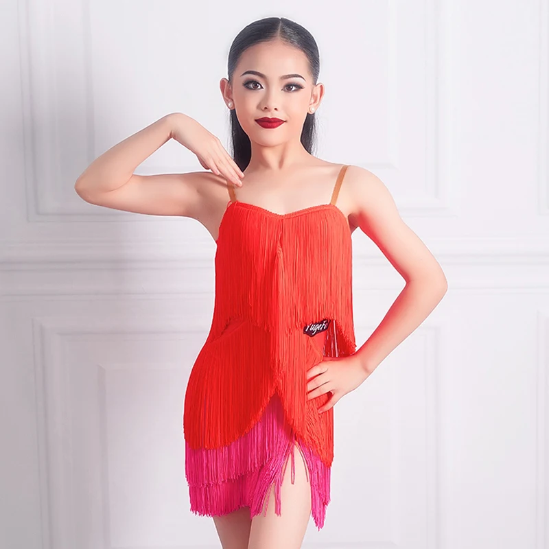 Summer Girls Latin Dance Competition Dress Multi-Colors Tassels Dress Kids Cha Cha Rumba Samba Dance Fringed Clothes DNV20993