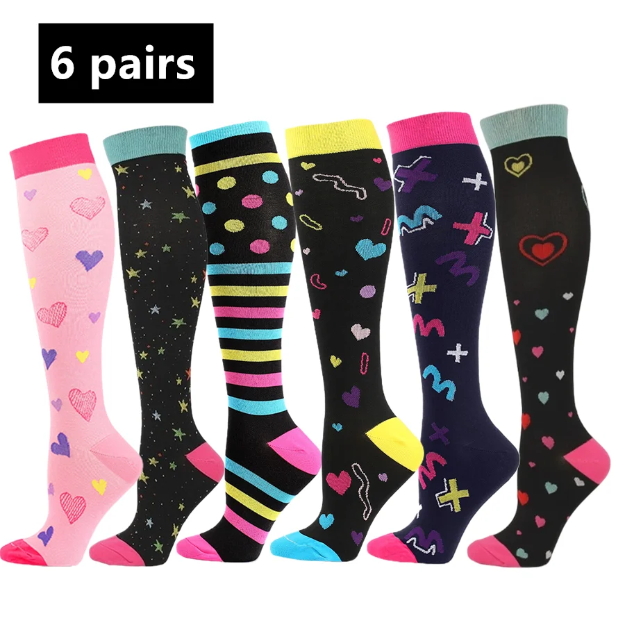 6pairs Shock Absorb Graphic Knee High Compression Socks Gradient Support Socks For Cycling Basketball Training