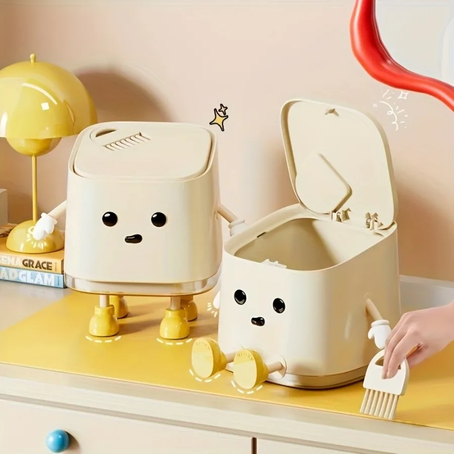 

Cute Mini Trash Can Compact Desktop Waste Bins with Odor Seal Press-to-Open Lid & Brush,Small Trash Cans for Home,Office Desk