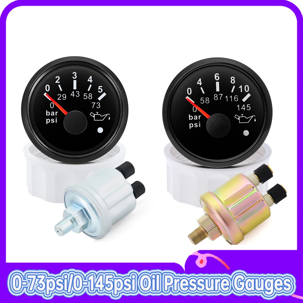 0–73 psi/0–145 psi Öldruckmessgeräte, rote Hintergrundbeleuchtung, 52 mm, Auto-Zeigeranzeige mit Alarm für Auto, Auto, Marine, 12 V, 24 V