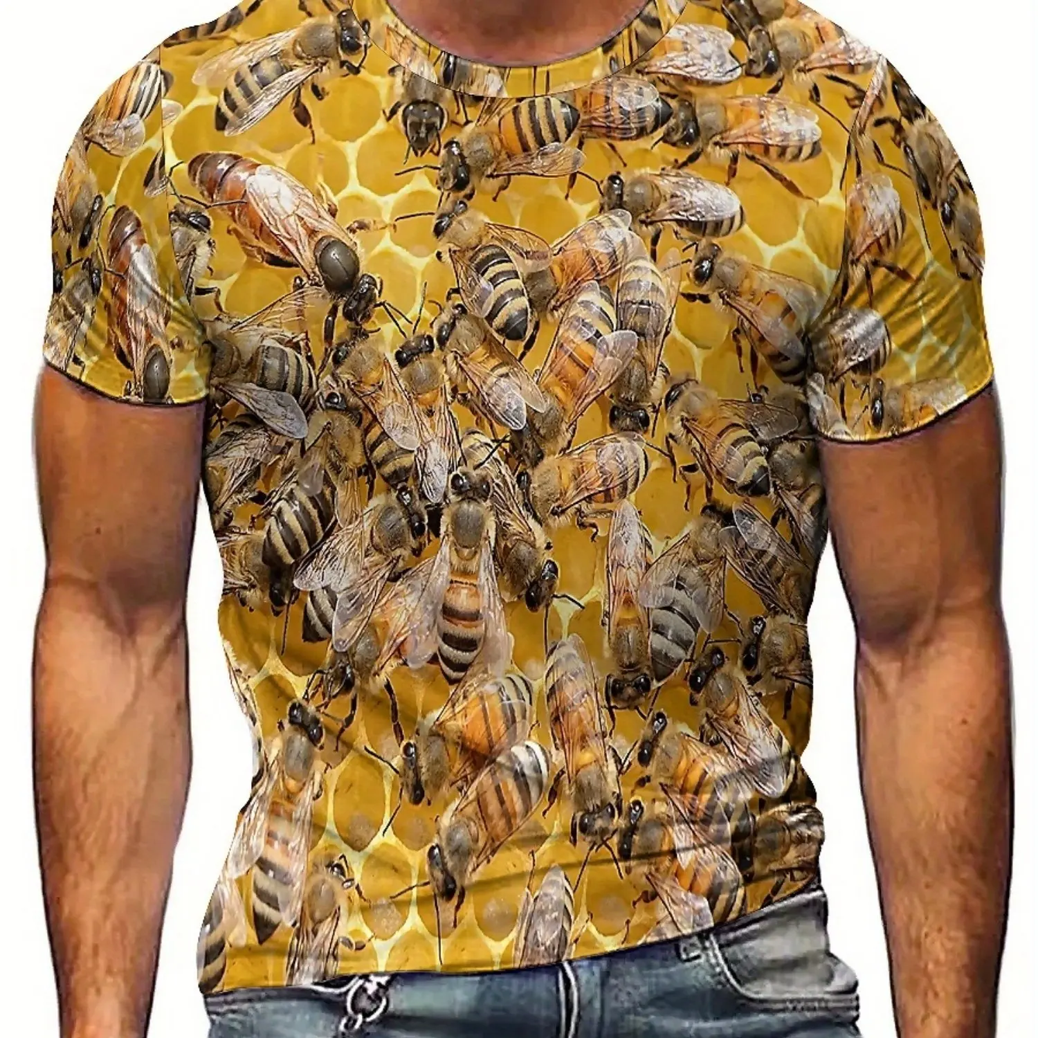 Camiseta masculina com estampa de abelha 3D – poliéster macio, gola redonda, manga curta, padrão geométrico, ajuste regular, conforto para todas as estações