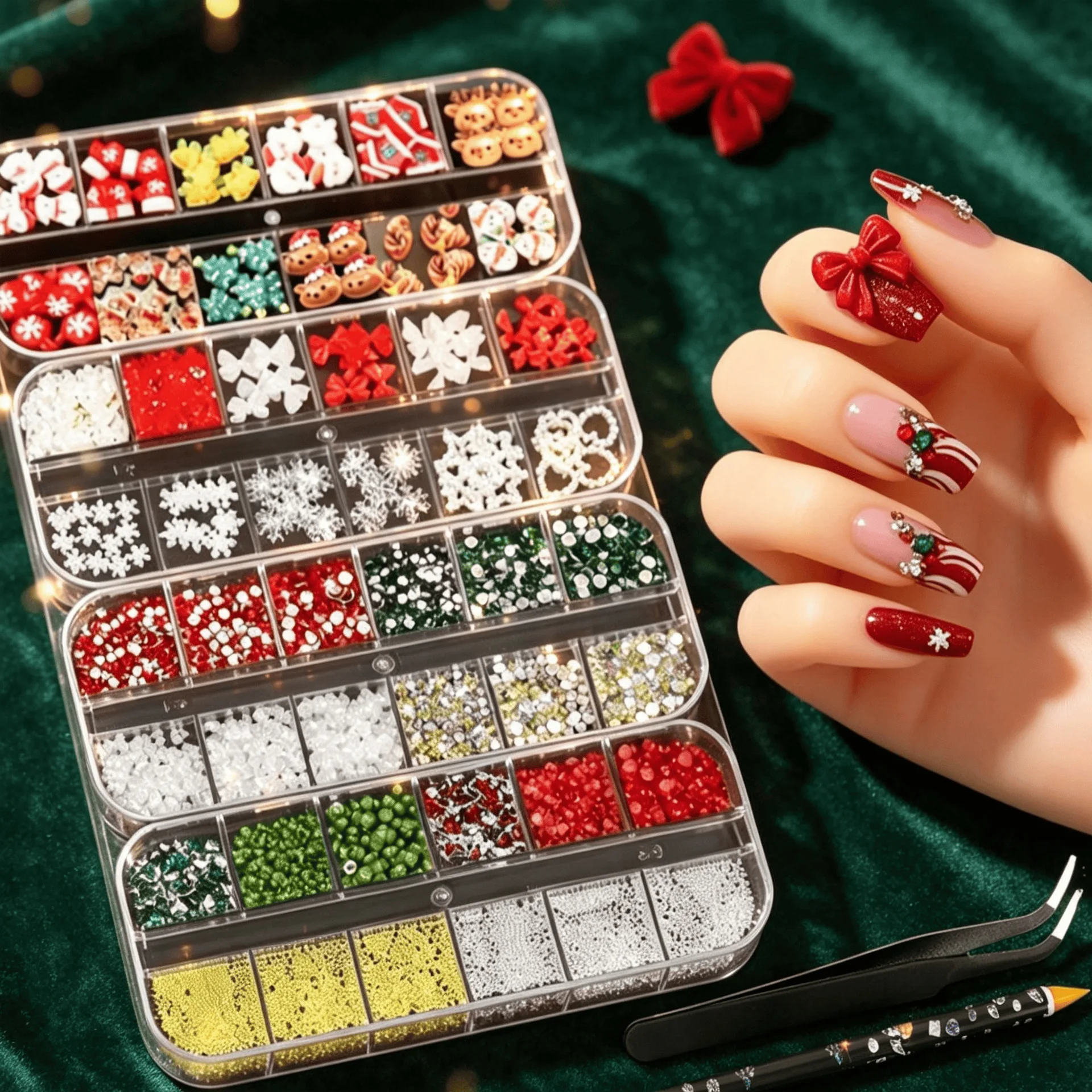 4pcs Christmas nail art set  3D bow nail art Santa Claus snowman white snowflakes beads and diamonds tweezers and nail polish