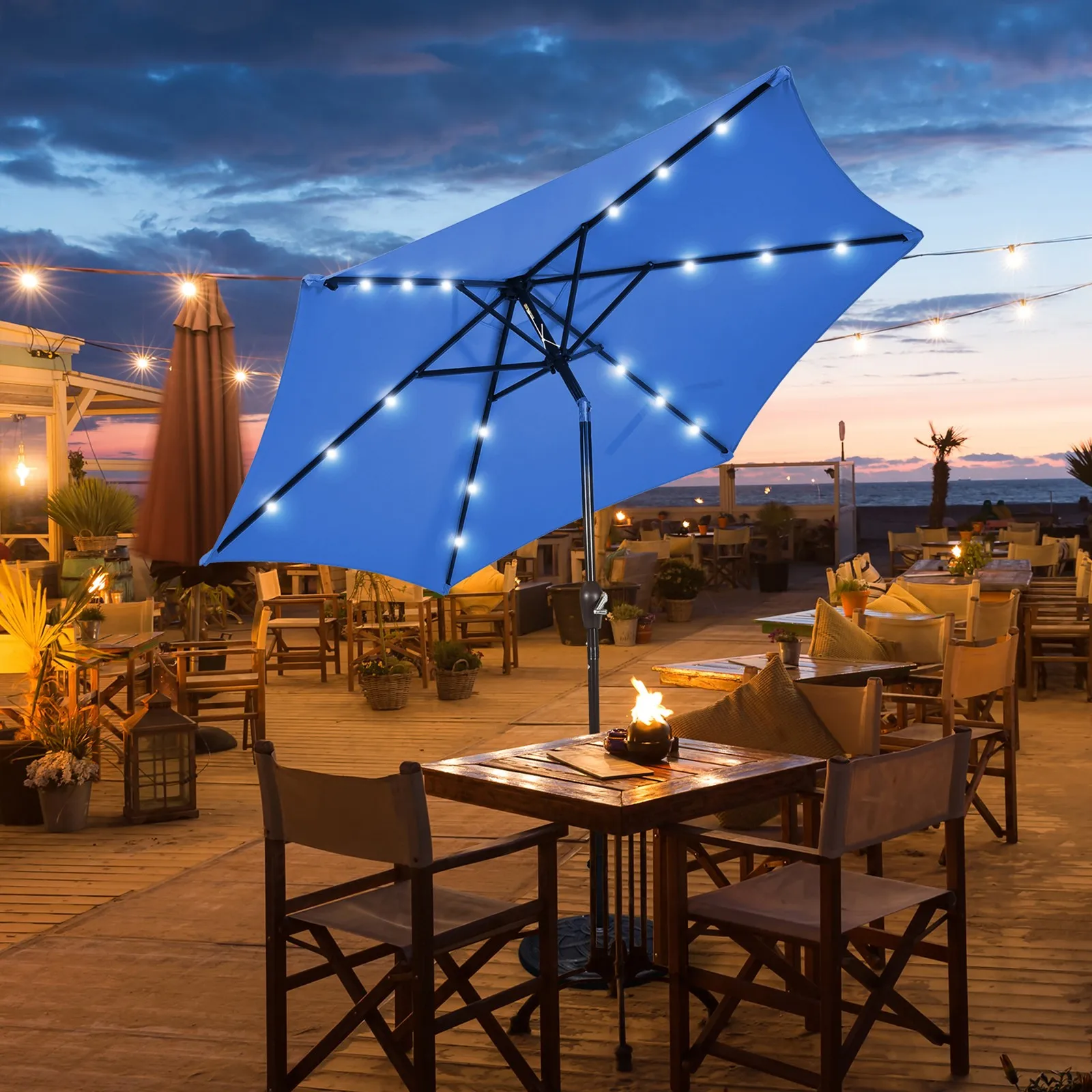 

9 ft Patio Table Market Umbrella Yard Outdoor w/ Solar LED Lights Blue