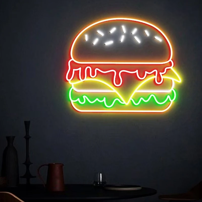 Burgers Neon Sign Art Sign Custom Fast Food Shop Hamburger LED Light Fast Food Shop Restaurant Welcome Sign Gift for Opening