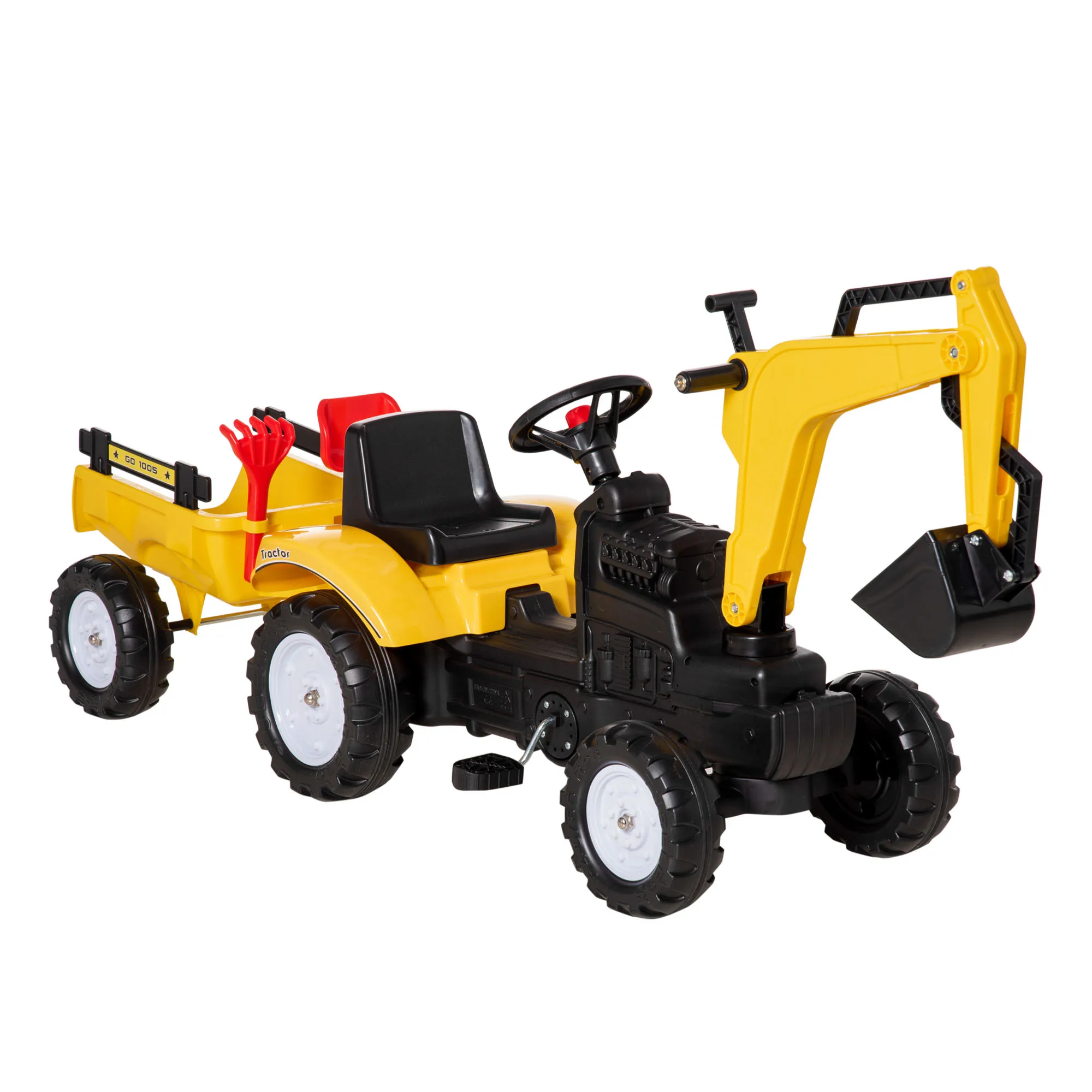 HOMCOM Pedal Tractor for 3-6 Years Children Runway Excavator with Front Shovel and Removable Trailer Load 35 kg 163x42x71 cm Yellow