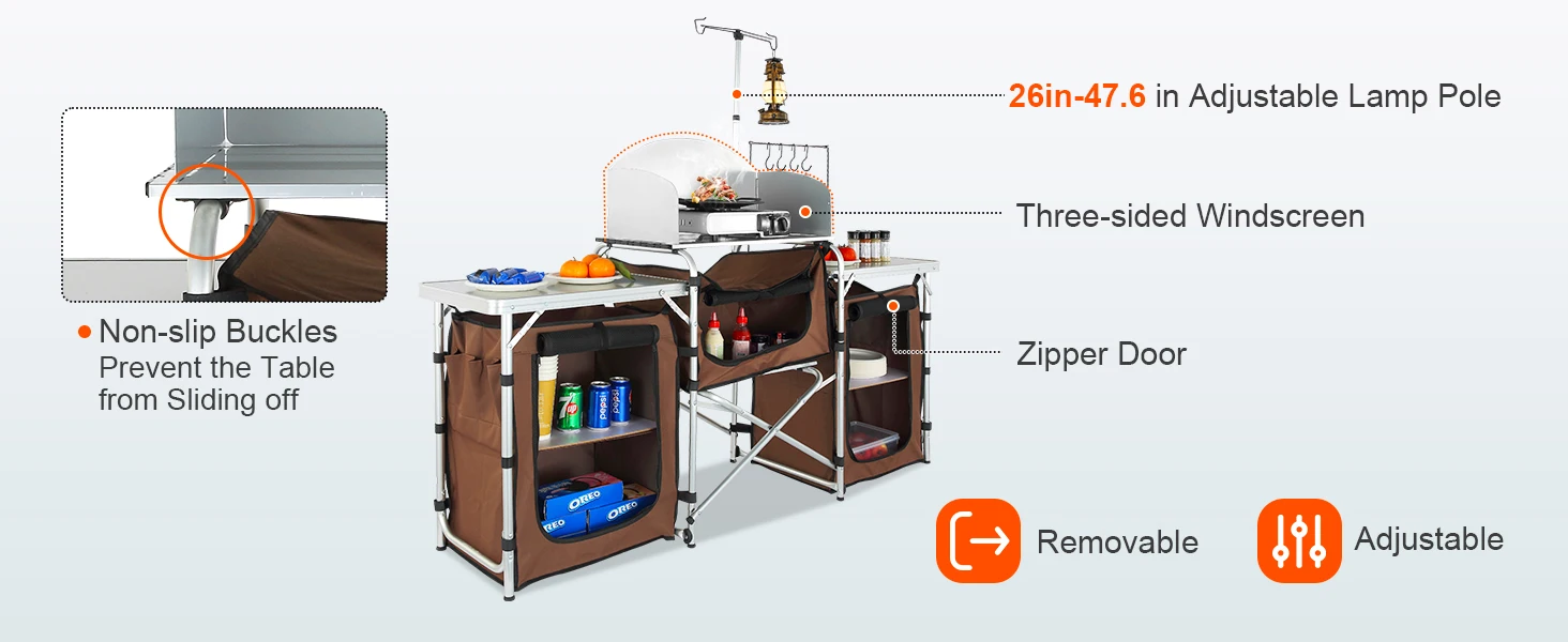 SucceBuy Camping Kitchen Table Folding Outdoor Cooking Table W/ Storage Carrying Bag Aluminum Cook Station 3 Cupboard Windscreen