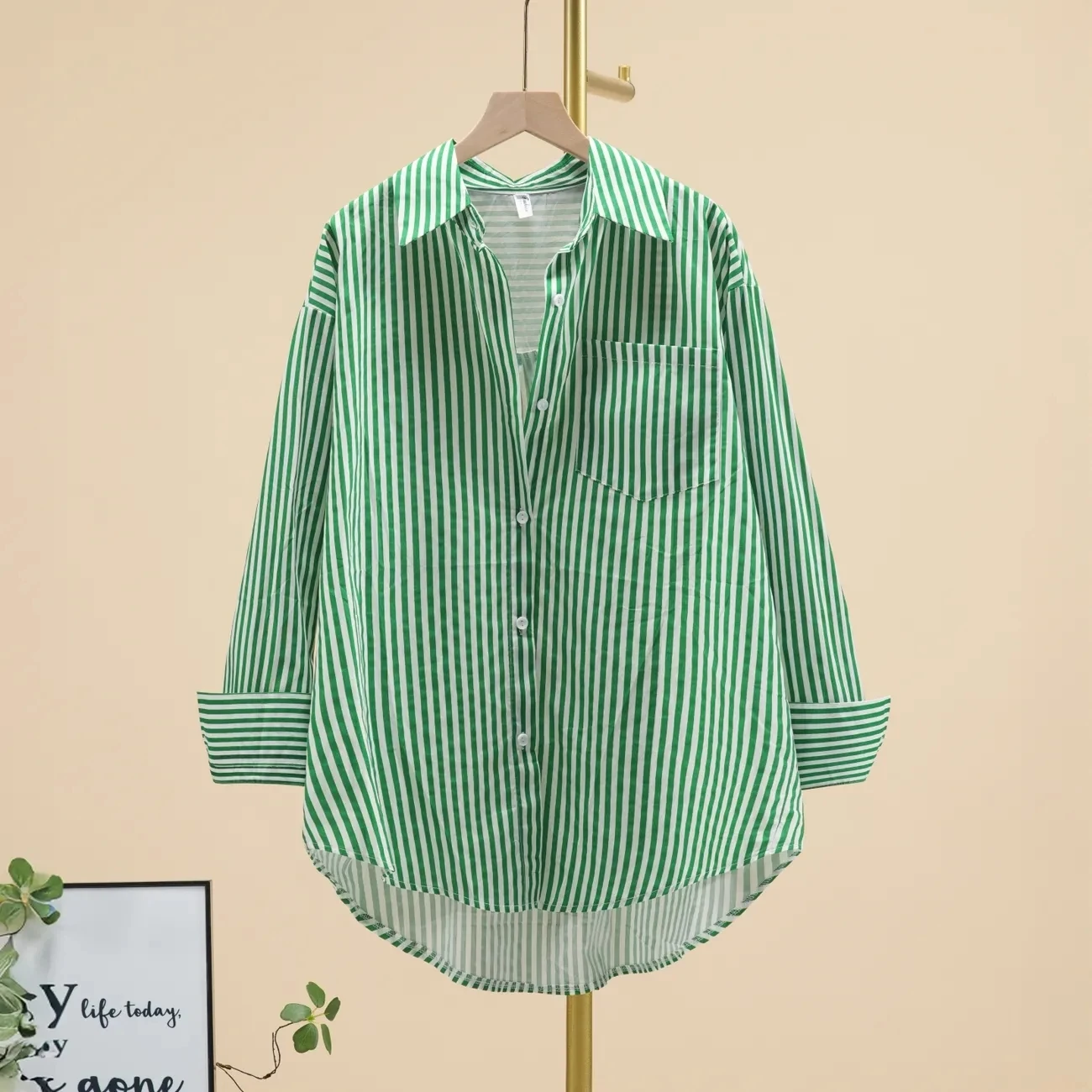 

100% Pure cotton Striped Printed Shirt for women Simple Korean version loose Medium long Casual Tops Fashion Long sleeved Shirts