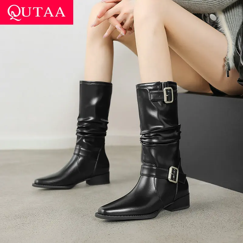 

QUTAA 2025 News Women Mid Calf High Boots Pointed Toe Woman Shoes High Heel Autumn Buckles Genuine Leather Winter Boots 34-40