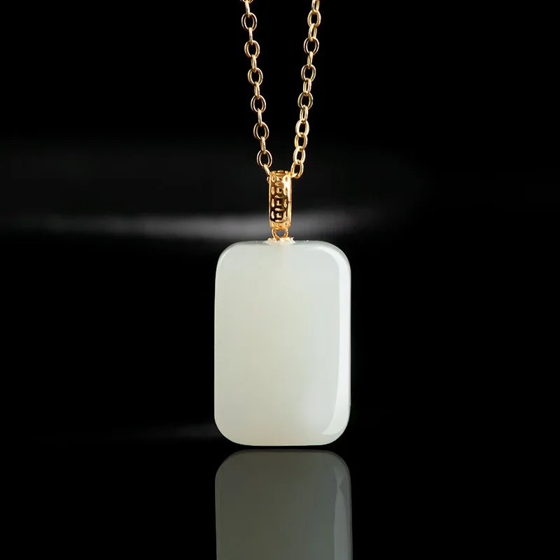 

Genuine Hetian White Jade Flat Peace Pendant - 18K Gold Plated Necklace for Men & Women, Lucky Charm Amulet