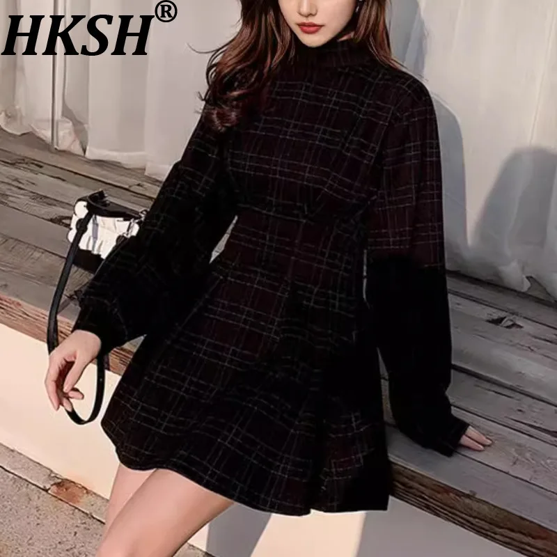 HKSH New Women Short Dress Long Sleeve Plaid Waist Cinching A-line Dark Style Elegant Trendy Y2K Vinatge Fashion Dresses HK10208