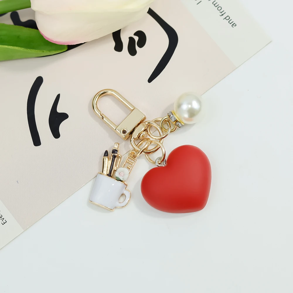 Simple Heart Shape Keyring Colorful Love Keyring With Pearl Pen Container Pendant Women Men Souvenir Gift For Car Key Chains