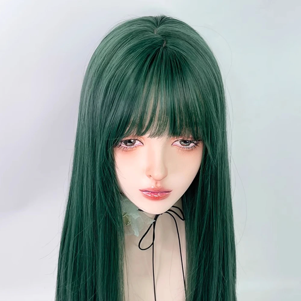 Synthetic Long Straight Dark Green Wigs with Bangs Natural Lolita Cosplay Fluffy Women Hair Wig for Daily Party