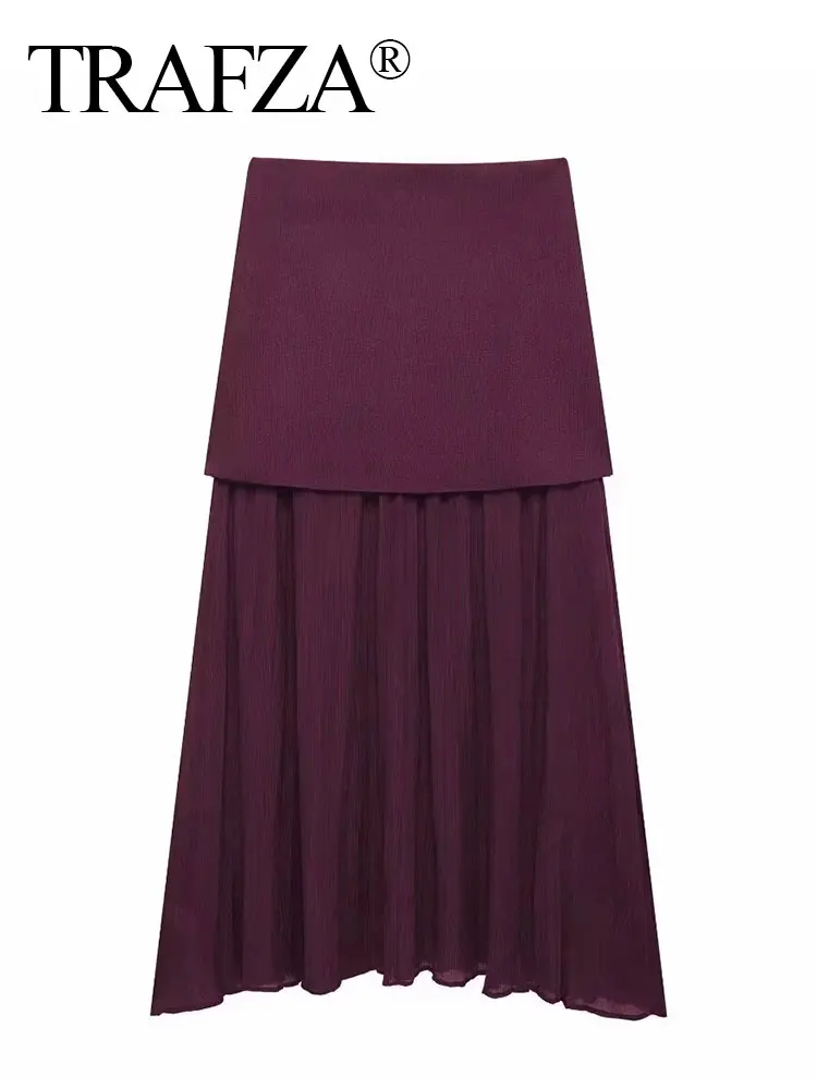 TRAFZA Elegant Midi Skirt For Women Fashion Solid A-line High Waist Pleated Side Zipper Long Skirt Vintage Skirts Chic Bottom