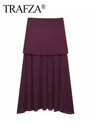 TRAFZA Elegant Midi Skirt For Women Fashion Solid A-line High Waist Pleated Side Zipper Long Skirt Vintage Skirts Chic Bottom