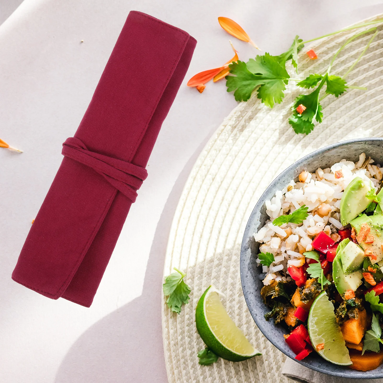 

Travel Cutlery Bag Simple Tableware Organizer Wear-Resistant Fabric Natural Design Roll Up Tie Small Portable Home Restaurant