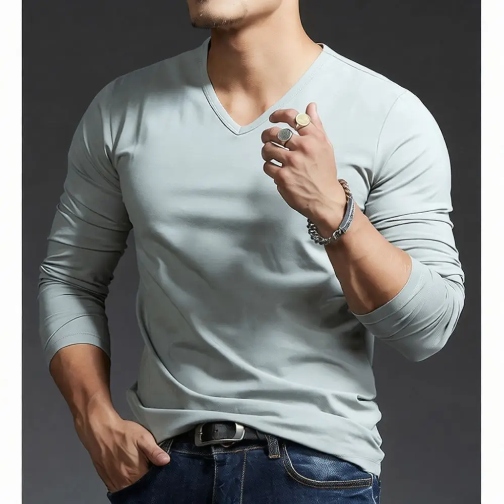 Mens V Neck Long Sleeve T Shirt Solid Color Slim Fit Base Layer Dark Gray Pullover Tops Soft Casual Undershirt