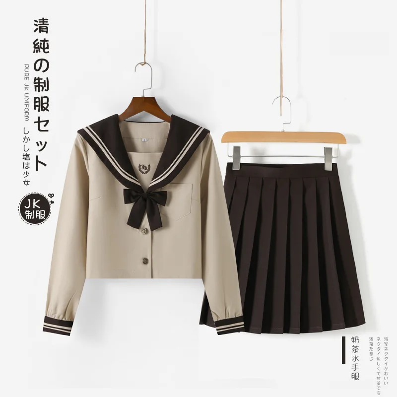 Japanese Jk Uniform Student Girl School Outfit Milk Tea Navy Feng Sailor Suit College Style Long-sleeved Jk Pleated Skirt Set