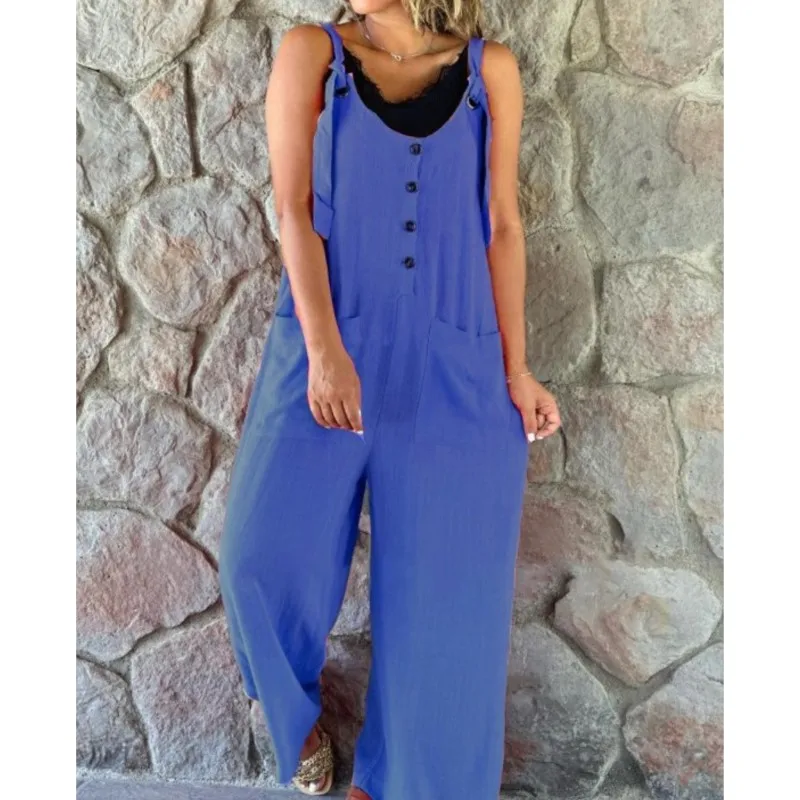 Elegant Solid Color Sleeveless Jumpsuit For Women Wide Leg Overalls Loose Commuting Style Sleeveless Trousers Woman Clothing New