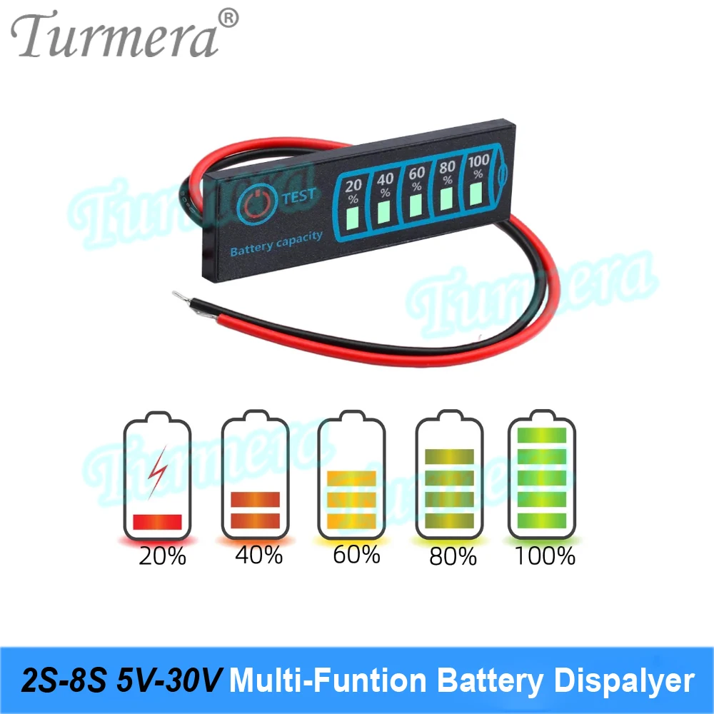 Turmera 2S-8S 5V-30V Smart Multi-funtion Battery Capacity Displayer for 12V 24V Lithium Battery Lifepo4 Battery Lead-Acid Use