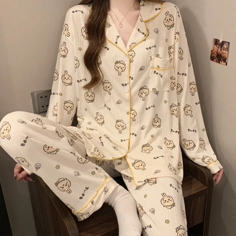 

Cute Anime 2Pcs Chiikawa Pajamas Suit Kawaii Hachiware Autumn Women Homewar Long Sleeved Long Pants Set Girls Student Sleepwear