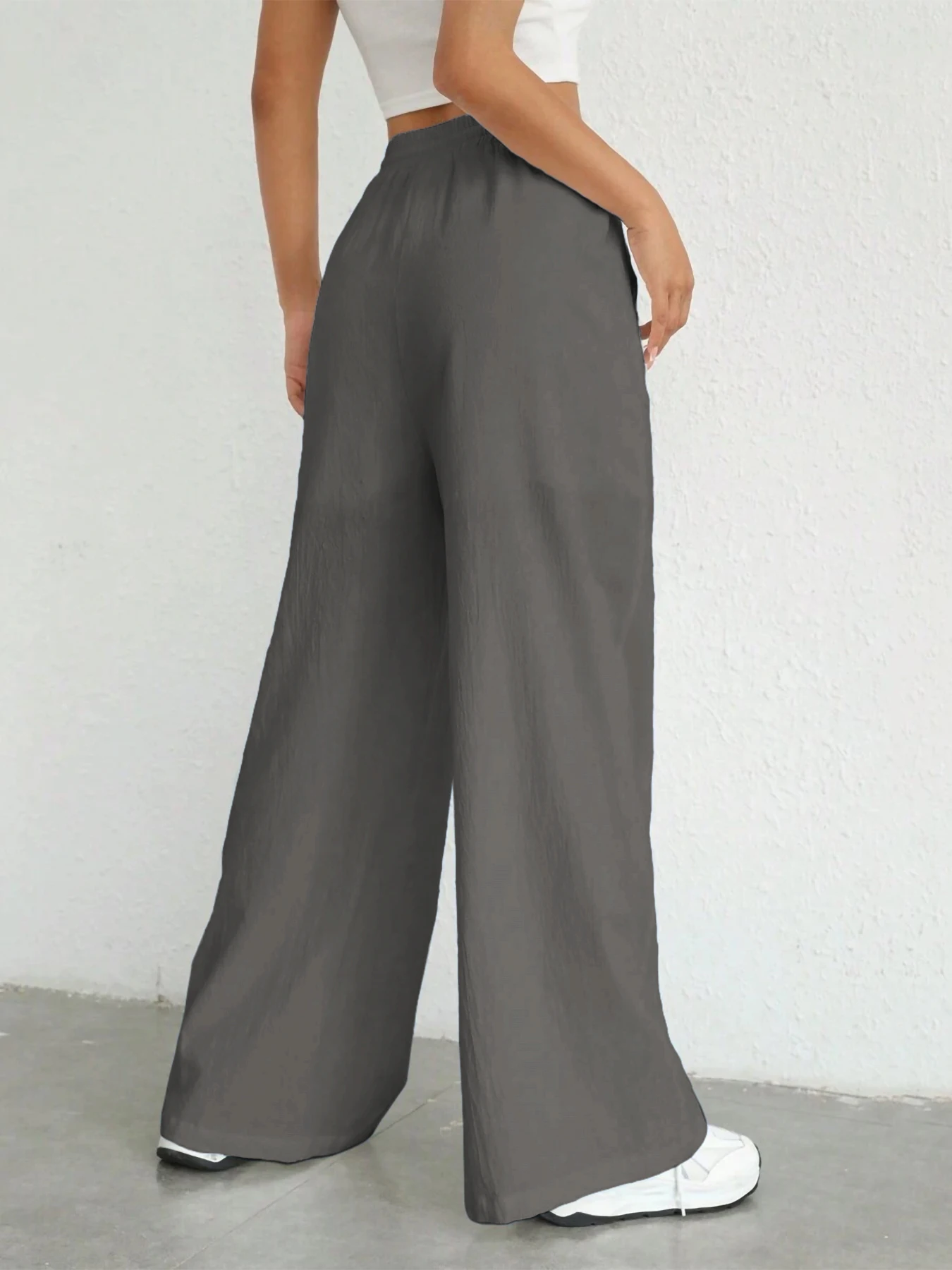 Damen-Hose in Unifarbe, lockere Hose mit weitem Bein, lässige Hose mit Kordelzug, gerade Hose mit Taschen, lässige Hose, lockere Hose mit hoher Taille – Detail 21