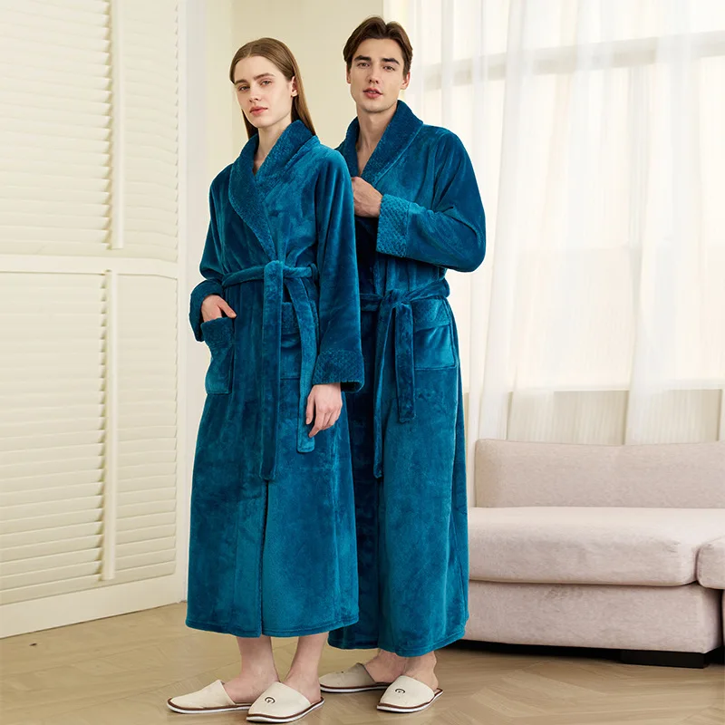 

New winter extended bathrobes, women's pajamas, warm thickened and fleece coral fleece couple bathrobes, solid color long gowns,