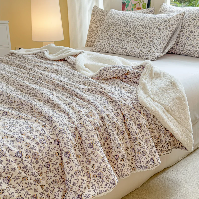 Lamb Fleece Blanket for Beds Flower Printed Raw Linen Material Bedspread Single/Queen/King Comforter for Winter Warm Thick Plaid