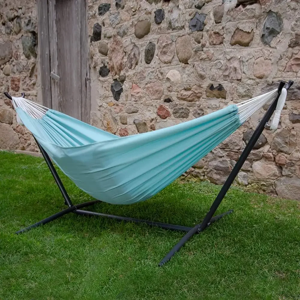 C9POLY-13 Double Polyester Hammock with Space Saving Steel Stand, Aqua (450 lb Capacity - Premium Carry Bag Included)