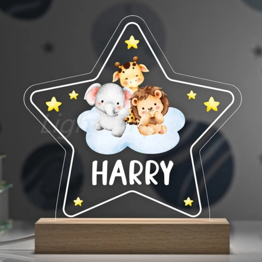 Imagem -02 - Nome Personalizado Lâmpada Acrílica para Crianças Luz Noturna Estrela Ursinho de Pelúcia Elefante Selva Safári Decoração do Berçário do Bebê Quarto