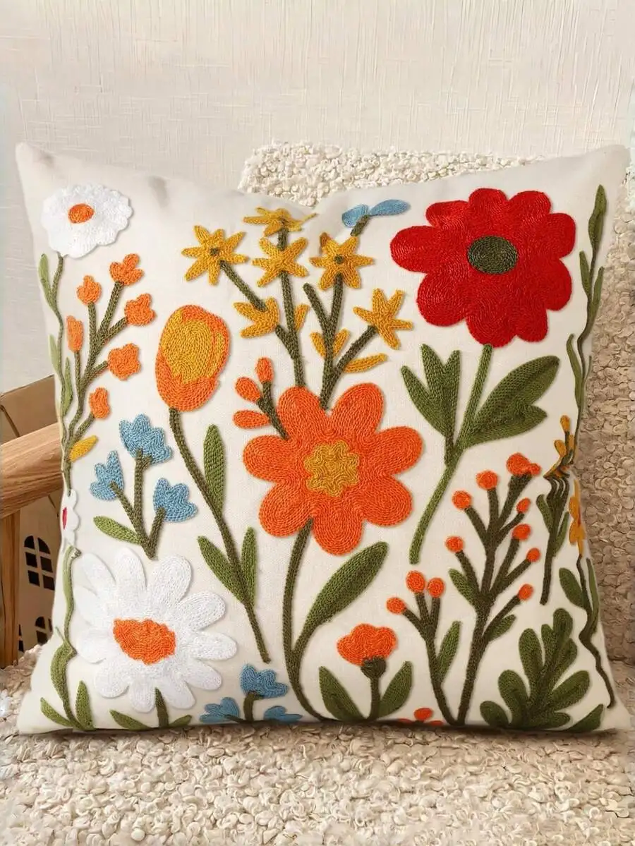 

Floral Embroidered Pillowcase, Spring Summer Boho Decorative Pillow Cover With Zipper For Living Room Couch Sofa Bed Aesthetic D