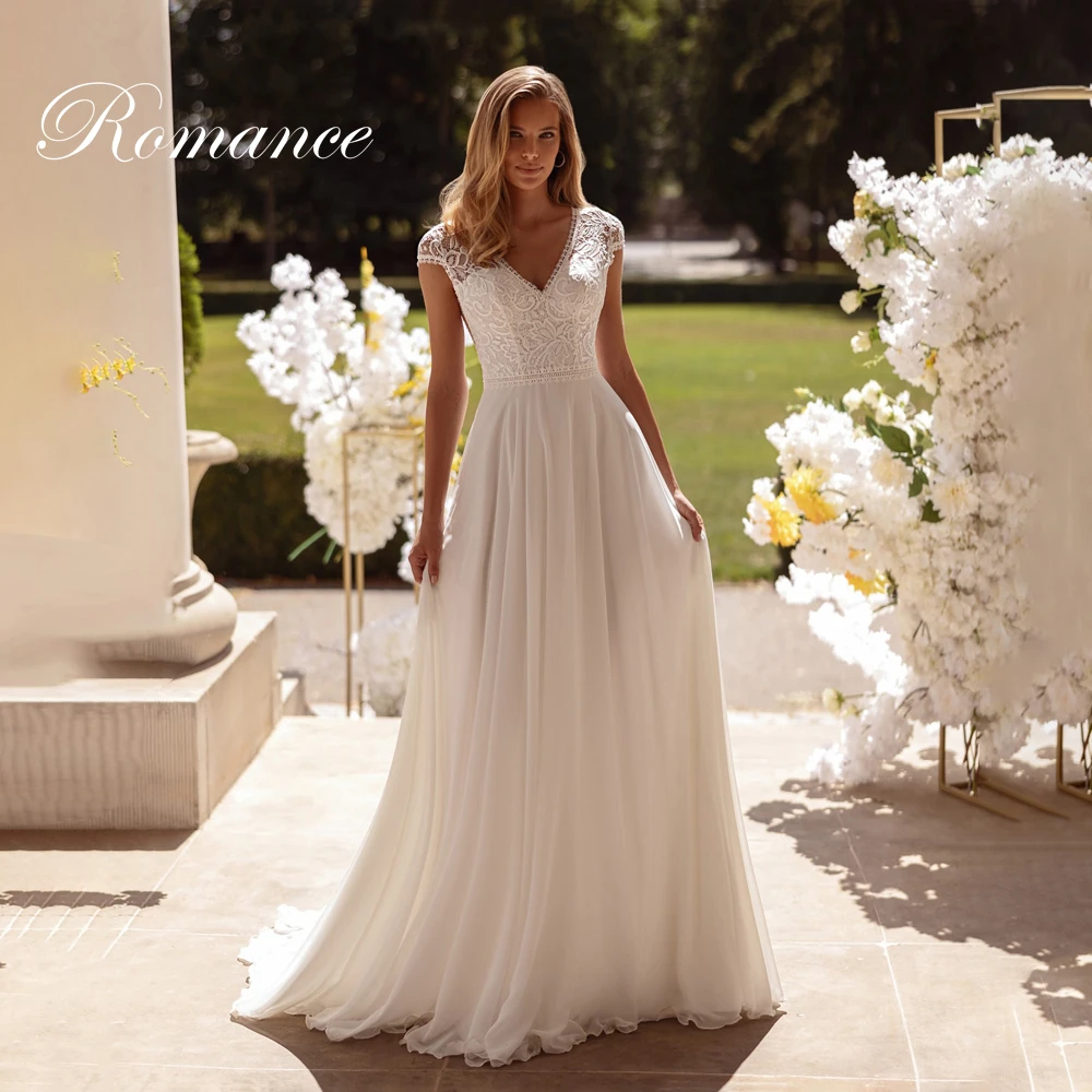 Elegante renda apliques a linha com decote em v vestido de casamento plissado manga sem costas chiffon vestido de noiva vestidos de novia personalizado