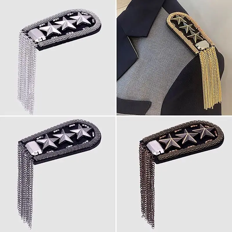 1Pcs Vintage Five Star Tassel Chain Shoulder Board Badges Beads Fabric Metal Epaulet Epaulette  Pin On Brooch Medal