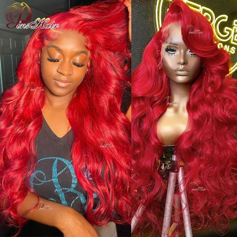 Red 13X6 Lace Front Human Hair Wigs Body Wave Transparent Lace Frontal Wig Pre Plucked 99J Burgundy Remy Human Hair For Women