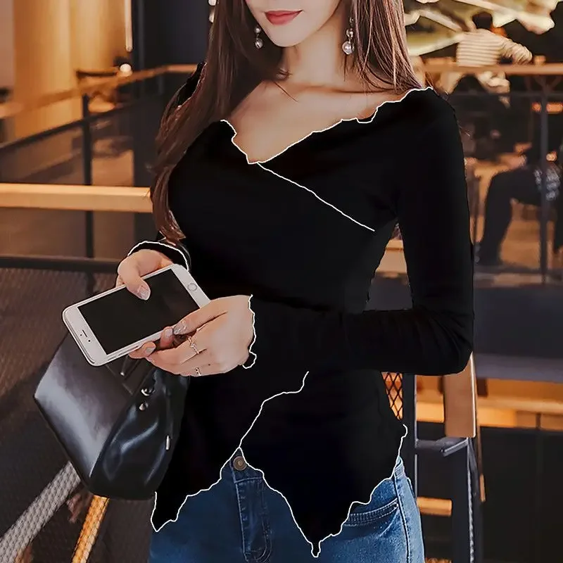 Spring and Autumn Fashion Sexy Slim Fit Irregular Top Heart Machine V-neck Contrast Asymmetric Long Sleeve Underlay Shirt Z399