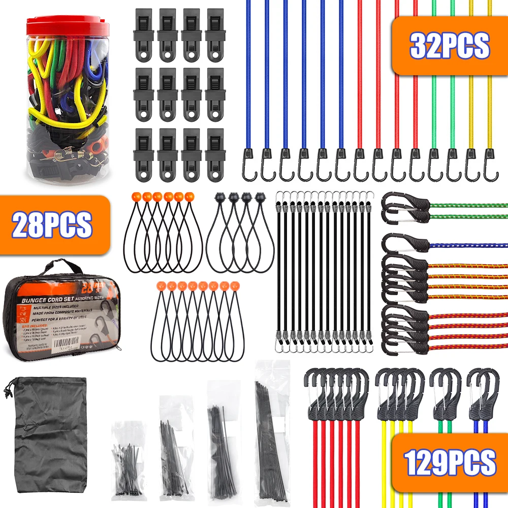 28pcs/32pcs/129pcs Bungee Cords Assortment Jar Includes Multiple lengths of Bungee Cord With Hooks,Trap Ball Ties And Tarp Clips