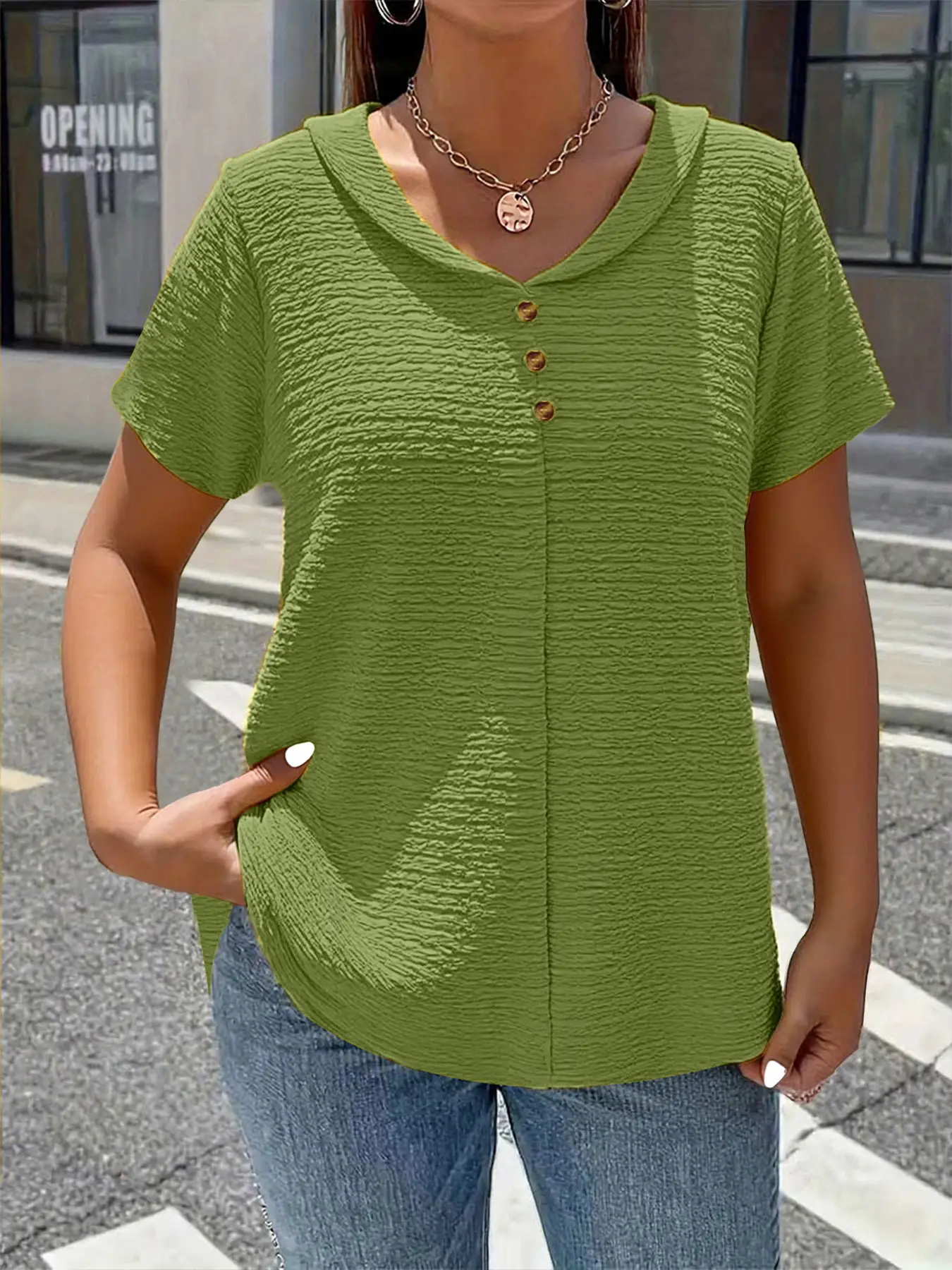 Plus size spring and summer new fashionable elegant pure color textured fabric buttoned doll neck short sleeve multi-scene match