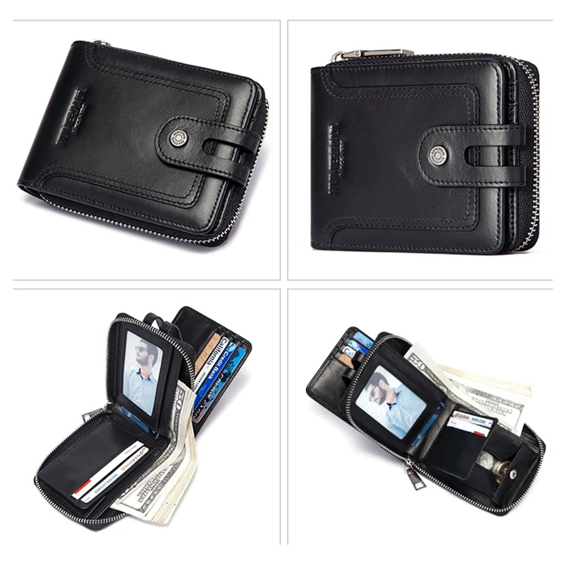 RFID Blocking Genuine Leather Wallet Men Top Layer Cowhide Short Zipper CoinPurse Vintage European American Portable Leather Bag