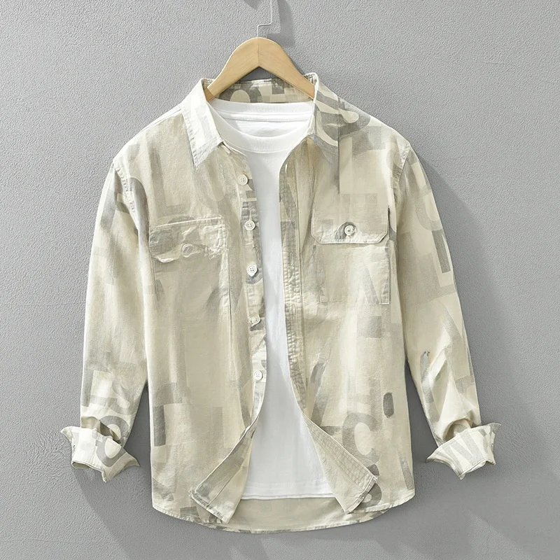 

Loose Fit Long Sleeve Men's Shirt Casual Printed Workwear Artistic Style Japanese Trend Loose Top for Daily Wear