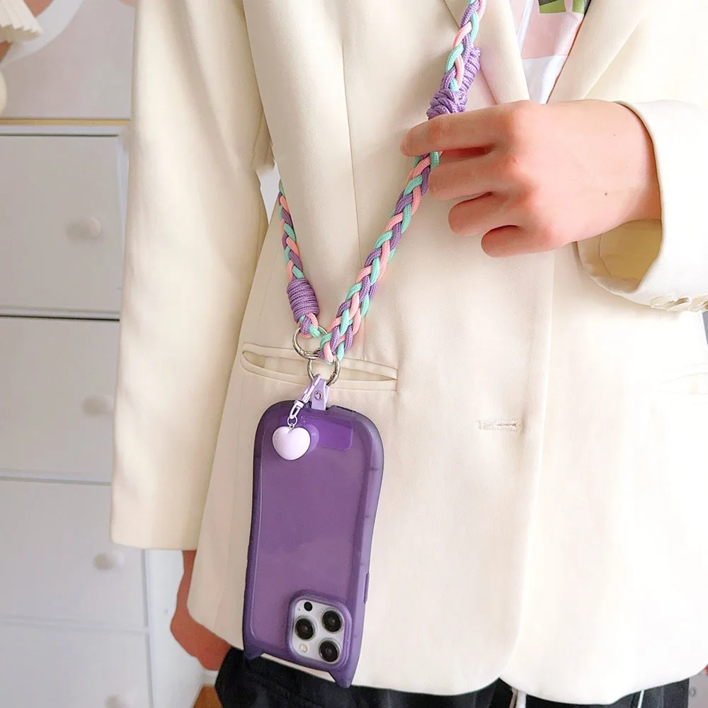 Heart Crossbody Phone Strap Neck Band Colorful Metal Clasp Key Braided Chain For T-Card Anti-lost Detachable Adjustable Lanyard