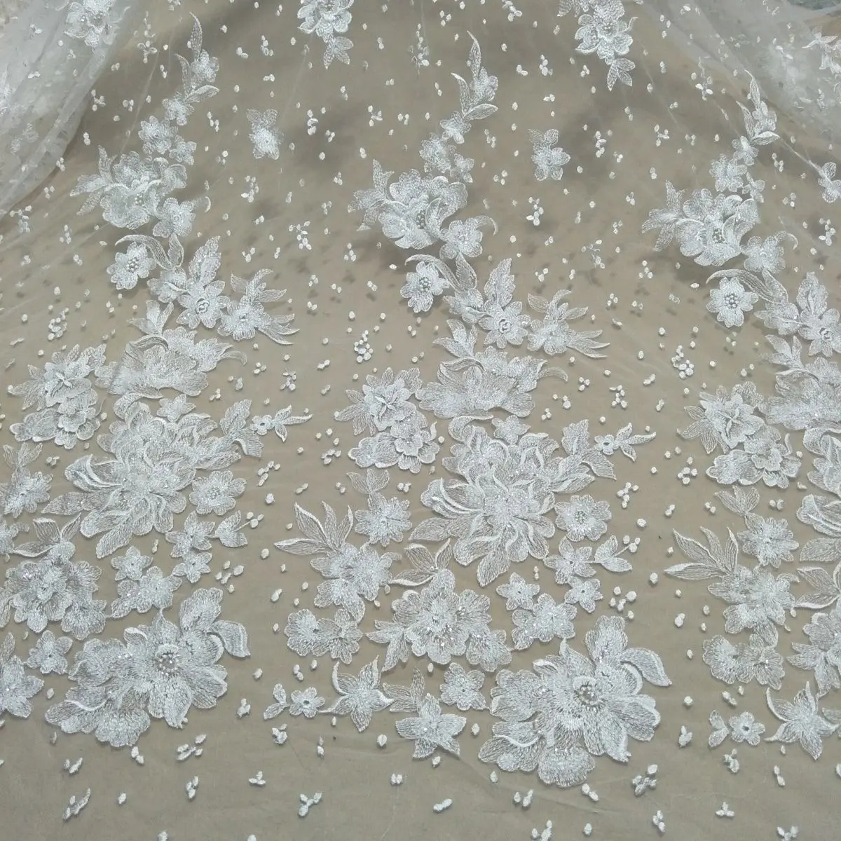 

Floral Sequin Embroidery Bridal Lace Fabric DIY Decorative Tulle Mesh Ivory Lace Fabric